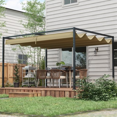 Outsunny 3 x 2m Metal Outdoor Pergola with Retractable Roof, Outdoor Gazebo Canopy Shelter with Drainage Holes for Garden, Patio, Lawn, Khaki