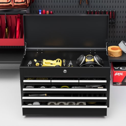 HOMCOM 6 Drawer Tool Chest, Lockable Metal Tool Box with Top Case, Ball Bearing Runners, Portable Toolbox, 600mm x 260mm x 340mm, Black