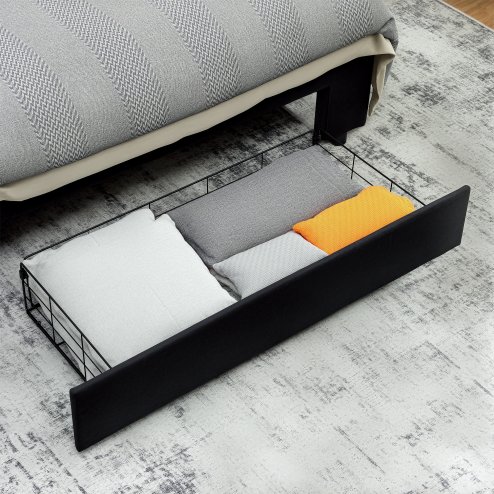 HOMCOM Double Ottoman Bed Frame, 4ft6 Gas Lift Storage Bed with 2-Level Adjustable Velvet Upholstered Headboard, Wheeled Drawer and Wooden Slats, No Mattress, Black