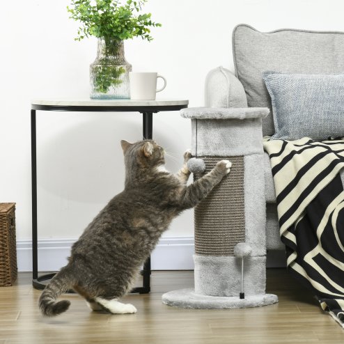 PawHut 58cm Cat Scratching Post for Corner Wall, Claw Scratcher, with Smooth Plush, Sisal Rope, Toy Balls, Stable Base - Grey