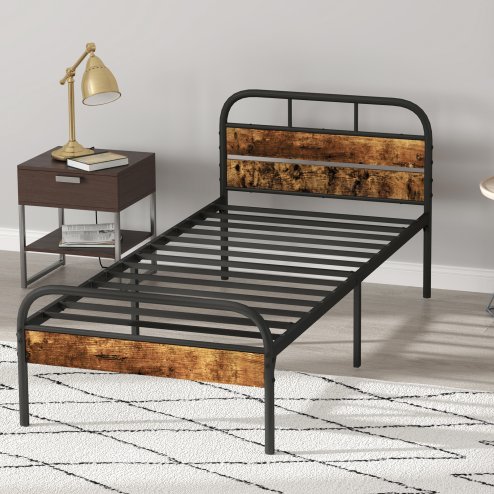 HOMCOM 3ft Single Bed Frame with Headboard, Platform Bed Frame with Underbed Storage, Slat Support, No Box Spring Needed, Easy Assembly, Rustic Brown