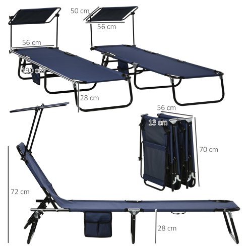 Outsunny 2 Piece Folding Sun Loungers with Canopy, Adjustable Recliner Garden Chairs with Side Pocket, Steel Frame and Breathable Mesh for Outdoor, Pool, Beach, Garden, Dark Blue