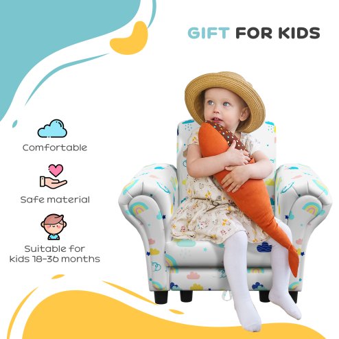 AIYAPLAY Kids Armchair with Stool, 2 Piece Kids Sofa Set with Cloud Design, Wooden Frame, Upholstered Kids Chair for Bedroom, Playroom, Kid Room, for 1.5-3 Years Old, White