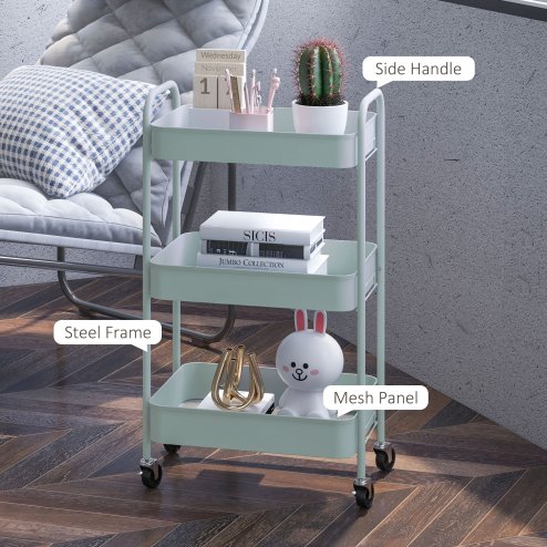 HOMCOM 3-tier Storage Trolley on Wheels, Metal Storage Cart, Rolling Ultility Cart with 3 Mesh Baskets for Living Room, Kitchen, Light Blue