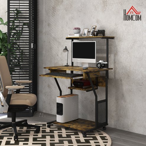 HOMCOM Mobile Computer Desk with Keyboard Tray, Rolling Study Table with Storage Shelves and Wheels, Industrial Writing Desk for Home Office, 80 x 50 x 130cm, Rustic Brown