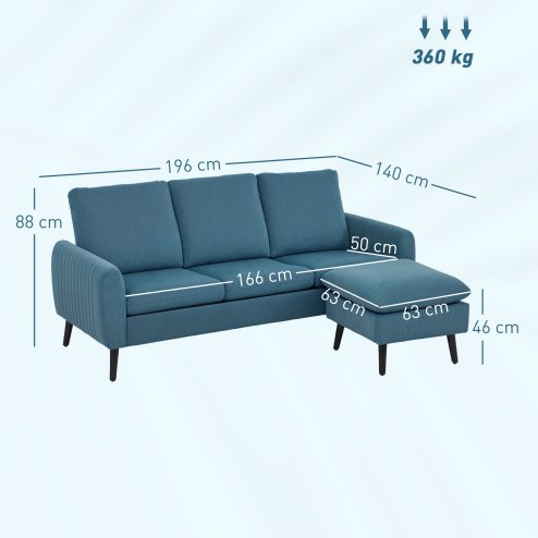 HOMCOM 3 Seater Sofa with Ottoman, 196cm Corduroy L-shaped Sofa Couch with Scatter Back, Reversible Chaise Lounge for Living Room, Home Office, Small Spaces, Blue