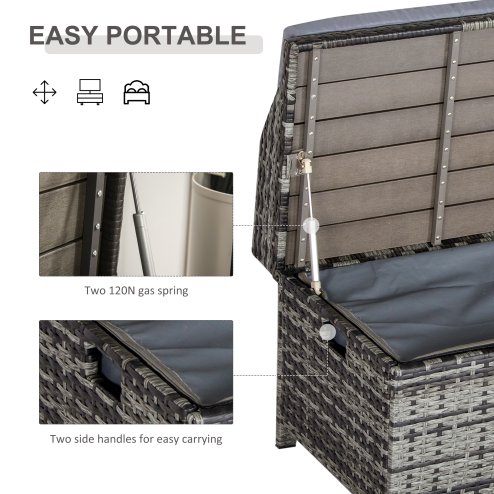 Outsunny PE Rattan Outdoor Storage Bench, Aluminium Garden Bench with Storage Underneath w/ Zipped Inner Lining, Rods for Deck, Mixed Grey