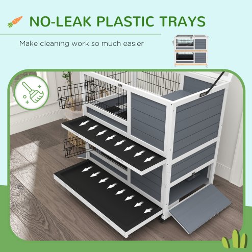 PawHut Rabbit Hutch Guinea Pig Hutch Indoor Wooden Small Animal House with Wheels, Openable Top, No-Leak Plastic Trays - Grey