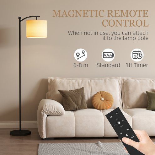 HOMCOM LED Floor Lamp, Stepless Dimmable Reading Standing Lamp with Magnetic Remote Control and 11 Colours Temperature & 11 Brightness Levels, 60 Min Timer for Living Room, Bedroom, Office, Black