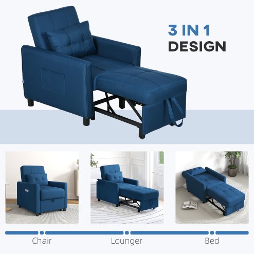 HOMCOM Compact Single Chair Bed, Pull Out Bed, Convertible Sleeper Chair with Adjustable Backrest, Pillow, Side Pockets for Home Office, Bedroom, Living Room