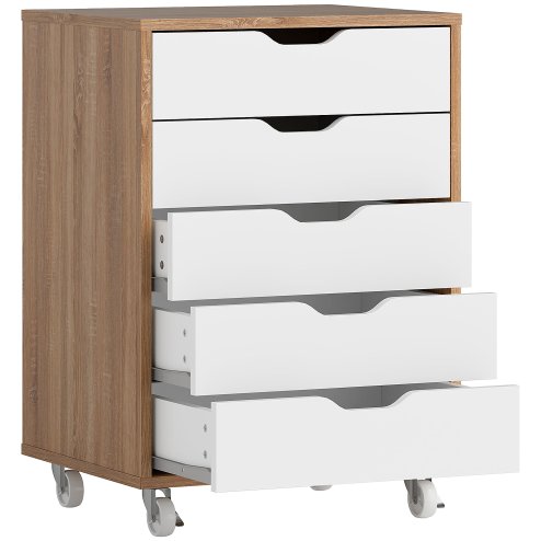 Vinsetto Vertical Filing Cabinet, 5-drawer File Cabinet, Mobile Office Cabinet on Wheels for Study, Home Office, Oak