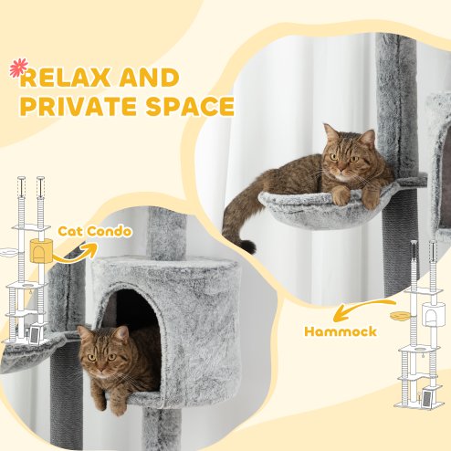 PawHut Floor to Ceiling Cat Tree, 225-255cm Height Adjustable Large Cat Tower 6 Levels Activity Centre for Indoor Cats with Cat Scratching Posts Ramp, Condo Hammock, Play Balls - Grey