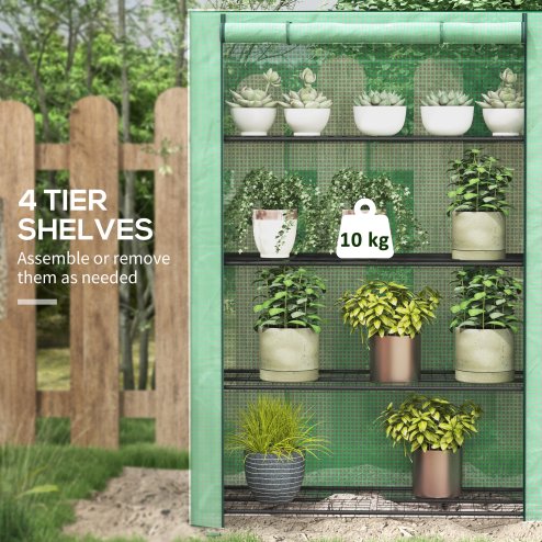 Outsunny 4 Tier Mini Greenhouse with Reinforced PE Cover, Portable Indoor Outdoor Green House with Roll-up Door and Wire Shelves, 170H x 120W x 50Dcm, Green