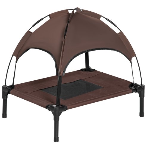 PawHut Raised Dog Bed Waterproof Elevated Pet Cot with Breathable Mesh UV Protection Canopy Brown, for Small Dogs, 61 x 46 x 62cm
