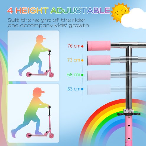 HOMCOM Kids Scooter with Lights, Music, Adjustable Height, Foldable Frame, LED Wheels, for Ages 3-7 Years - Pink