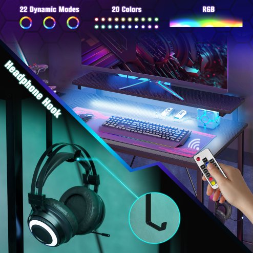 HOMCOM L Shaped Gaming Desk with LED Lights, Power Outlet, USB Charging Ports, 107cm Reversible Corner Computer Desk with Storage Shelves, Monitor Stand for Home Office, Small Space, Black