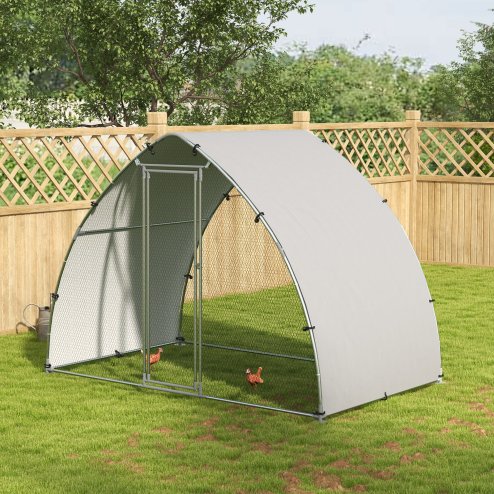 PawHut Walk In Chicken Run, Galvanised Chicken Coop Outdoor with Cover, Poultry Cage, for 8-12 Chickens, Hens, Ducks, Rabbits, 3 x 1.9 x 2.2m - Silver Tone
