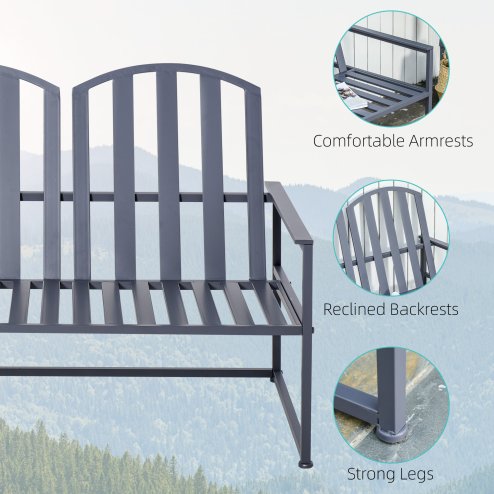Outsunny Garden Bench Loveseat 2 Seat Chair for Outdoor Park, Yard, Steel Frame, Decorative Slatted Design, Grey