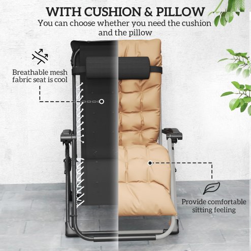 Outsunny 2 Piece Reclining Zero Gravity Chair Metal Frame Folding Garden Sun Lounger with Cushion Headrest, Khaki