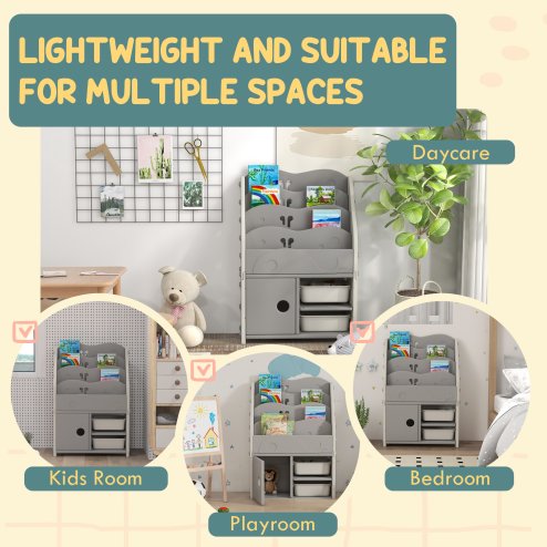 AIYAPLAY Kids Storage Units, Toy Organiser with 2 Storage Boxes, 4 Tier Bookshelf, Cabinet, for Playroom, Bedroom, Kid Room, Living Room, 67 x 29 x 98cm, Light Grey