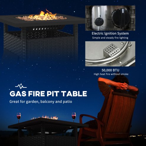 Outsunny Outdoor Rattan Gas Fire Pit Table, 50,000 BTU Square Garden Table with Fire Pit, Rain Cover, Wind Guard, Pulse-Ignition and Volcanic Rock, 72.5 x 72.5 x 67.5 cm, Black