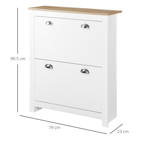 HOMCOM 2 Drawer Shoe Cabinet Modern Narrow Shoe Cupboard Hallway Wooden Storage Organiser with Flip Doors Adjustable Shelf for 12 Pairs, White