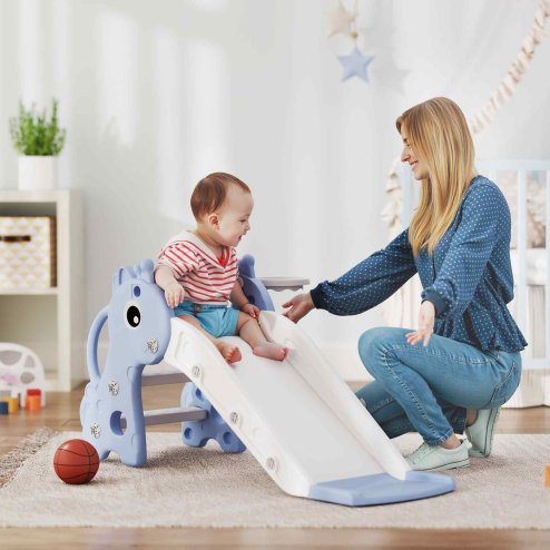 AIYAPLAY 3 in 1 Kids Slide, Giraffe Shape Toddler Slide with Climber, Basketball Hoop and Ball, Indoor Playground Equipment for Age 1-3, Blue