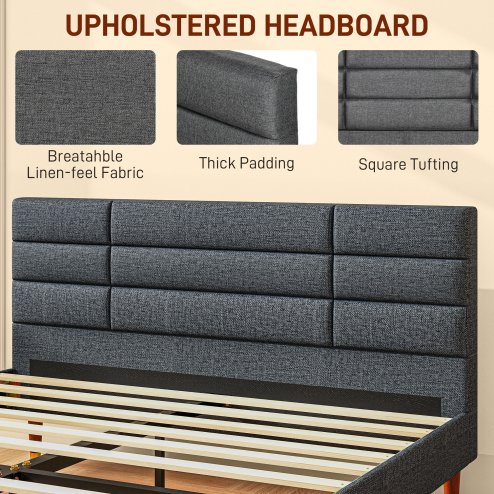 HOMCOM 5ft King Bed Frame with Underbed Storage, Upholstered Platform Bed Frame with Tufted Headboard and Wood Slat Support, No Box Spring Needed, Easy Assembly, Grey