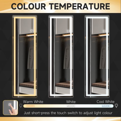 HOMCOM Full Length Mirror with LED Light, 120 x 40cm Long Wall Mirror with 3 Colour, Smart Touch, for Living Room, Bedroom, Hallway