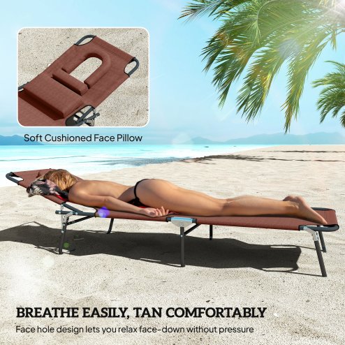 Outsunny Outdoor Folding Sun Lounger with Face Hole, 4 Level Adjustable Backrest Reclining Garden Lounger, Garden Recliner Sunbed with 600 D Oxford Cloth Seat and Pillow for Beach, Brown