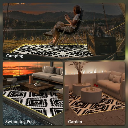 Outsunny Reversible Outdoor Rug with LED String Lights, Waterproof Plastic Straw Mat with Carry Bag for Garden, Deck, RV, Picnic, Beach, Camping, 182 x 274cm, Black and White