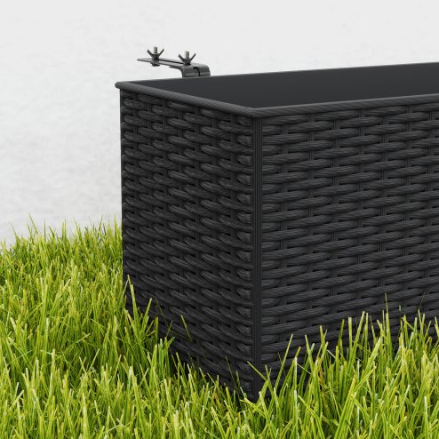 Outsunny Set of 2 Hanging Flower Boxes, 50 cm Long, Rattan Look Flower Pot with Drainage Holes and Hooks, Railing Box for Fence Balcony Garden