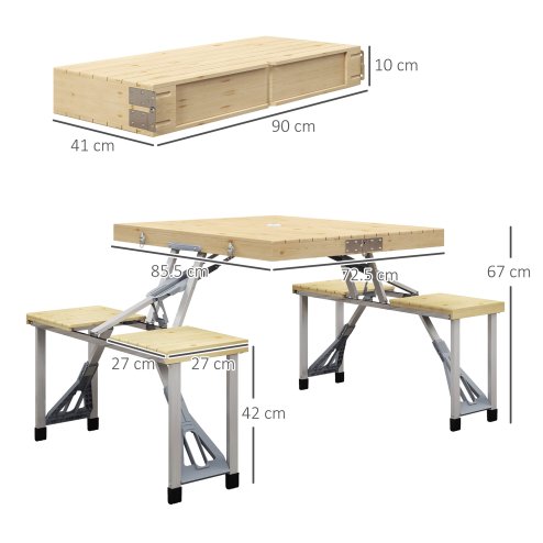 Outsunny Folding Wooden Picnic Table with Seats and Umbrella Hole, Aluminium Frame Portable Camping Table and Chairs Set, for Patio, Yard, Porch and Garden