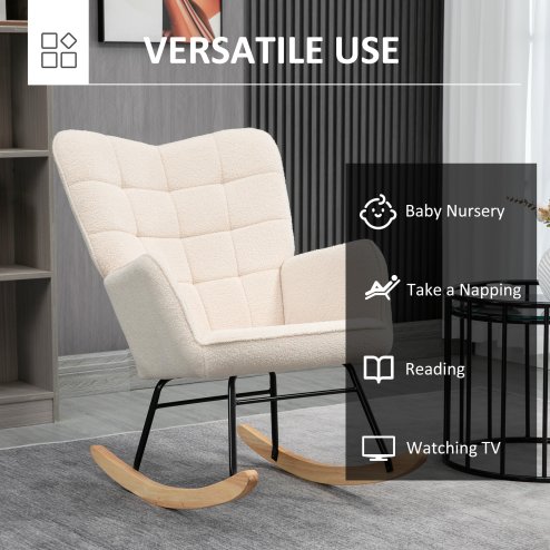 HOMCOM Wingback Rocking Chair with Wooden Base, Fleece Glider Rocker for Nursing, Modern Armchair - Beige