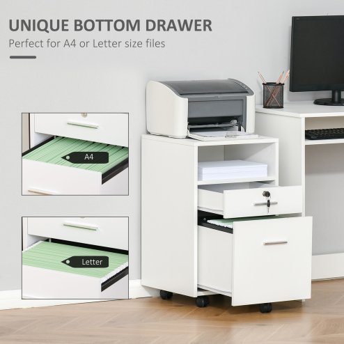 Vinsetto Mobile File Cabinet Lockable Storage Unit Cupboard for A4 Letter Home Filing Furniture for Office, Bedroom and Living Room, 39x40x65cm, White
