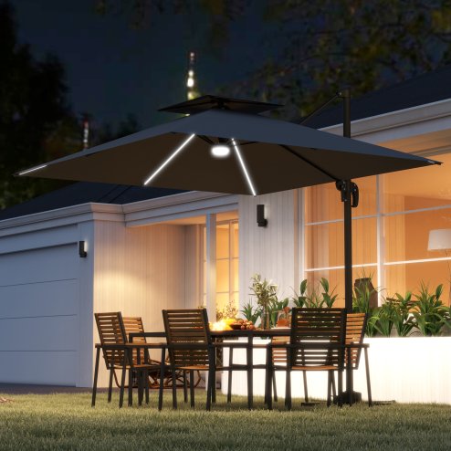 Outsunny 2.5m Cantilever Parasol with Solar Powered LED Lights, Double Top Square Overhanging Garden Parasol with 360 Rotation, Tilt Adjustment, Crank Handle, Dark Grey