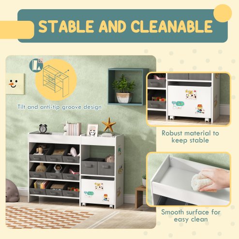 AIYAPLAY Kids Toy Storage Unit, Children Toy Box Organiser with 11 Fabric Bins, Cabinet, Top Shelves, 3 Stickers, Kids Storage Unit Bookshelf for Nursery, Playroom, Kindergarten, White
