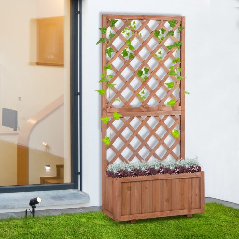 Outsunny 72.5 x 31.5 x 149.5 cm 45L Garden Wooden Pine Trough Planter with Topped Trellis Climbing Plants Flower Raised Bed, Orange