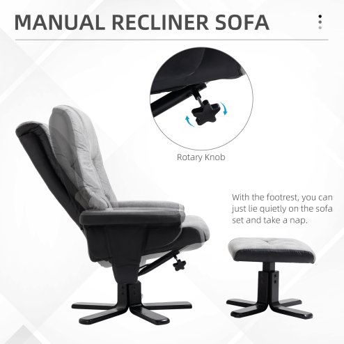 HOMCOM Recliner Chair With Footstool, Swivel Lounge Armchair, 135° Reclining Chair With Soft Padded Seat and Armrest For Living Room, Bedroom, Grey