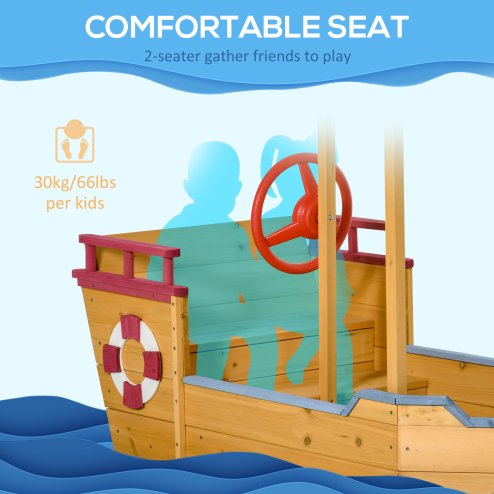 Outsunny Kids Wooden Sand Pit Children Sandbox Pirate Ship Sandboat Play Station for Outdoor w/ Canopy Shade Storage Bench Bottom Liner