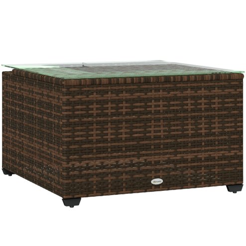 Outsunny Outdoor Coffee Table, PE Rattan Side Table with Tempered Glass Top, Wicker Square Garden Coffee Table End Table with Steel Frame for Patio, Balcony, 60 x 62 x 38cm, Brown