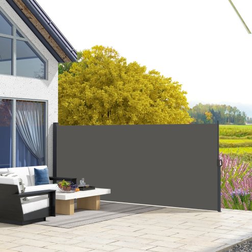 Outsunny Retractable Side Awning, Garden Privacy Screen Divider, Full Cassette Wind Breaker for Hot Tub, Balcony, Terrace, Pool, 400 x 180cm, Dark Grey