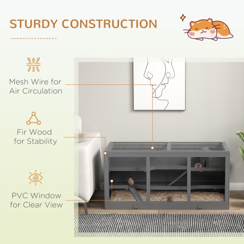 PawHut Wooden Hamster Cage, Small Animals Hutch with Tray, Openable Top, Exercise Run, Grey