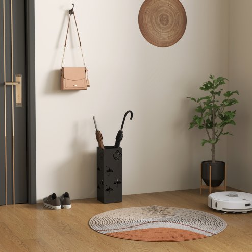 HOMCOM Metal Umbrella Stand, Square Umbrella Holder with Removable Drip Tray and 4 Hooks, Decorative Umbrella Storage Rack for Hallway, Entryway, 15.5 x 15.5 x 41 cm, Black