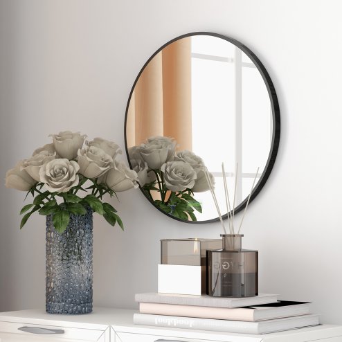 kleankin Large Modern Round Mirror, Wall-mounted Bathroom Mirror, Vintage Art Makeup Mirror for Entryways, Black, 40x40 cm