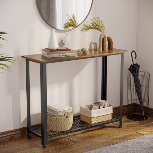HOMCOM Industrial Console Table Entryway Table w/Bottom Mesh Shelf Metal Frame Vintage Sofa Table for Hallway, Living Room, Rustic Brown
