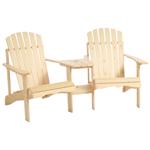 Outsunny Wooden Outdoor Double Adirondack Chairs Loveseat w/ Centre Table and Umbrella Hole, Garden Patio Furniture for Lounging and Relaxing, Natural