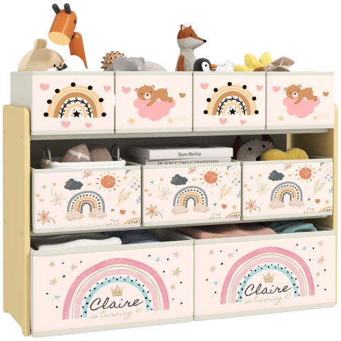 AIYAPLAY Kids Toy Storage Unit, 3-Tier Toy Organiser Shelf with 9 Non-Woven Fabric Boxes for Toys, Books, Dinosaur-Style Toy Storage Organiser for Bedroom, Nursery, Yellow