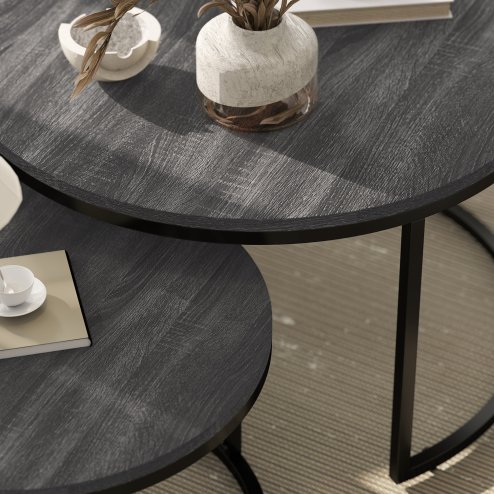 HOMCOM Round Nesting Coffee Table Set of 2, Large Stacking End Side Table with Steel Frame for Living Room, Bedroom, Home Office, 78.5 x 78.5 x 46.5 cm, Black