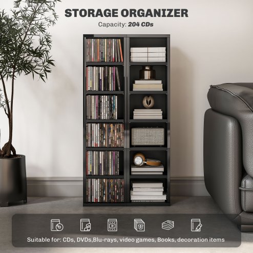 HOMCOM 204 CD Media Display Shelf Unit Set of 2 Blu-Ray Tower Rack w/ Adjustable Shelves Bookcase Storage Organiser, High Gloss Black